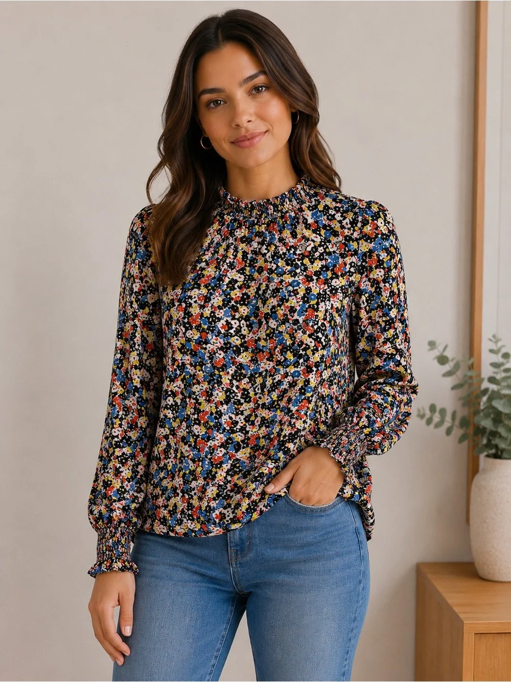 Carolina Belle Montreal Floral Mock Neck Blouse Size Small